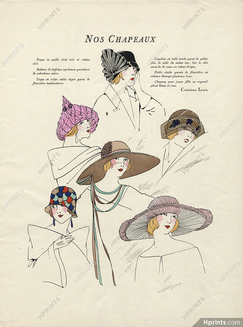 Lewis (Millinery) 1923 Pochoir, Fashion Hats, AGB