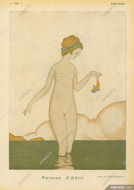 Poisson d'Avril, 1918 - April Fool, Naked Swimmer Catches A Fish, Torné-Esquius