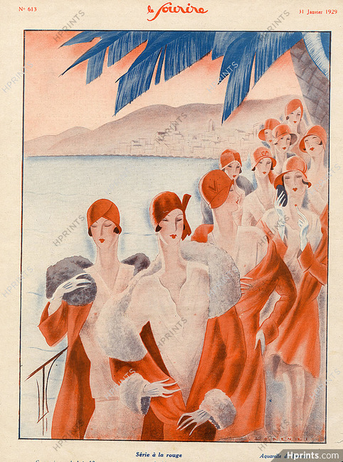 Fabius Lorenzi 1929 ''Série à la rouge'' Elegant Parisienne Seaside