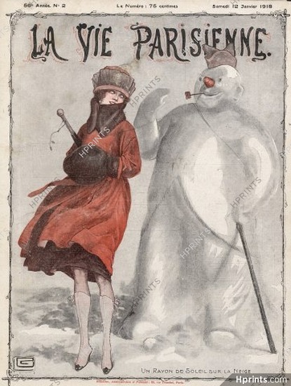 Georges Léonnec 1918 "Un rayon de soleil sur la Neige" Elegant Parisienne, Winter Snowman