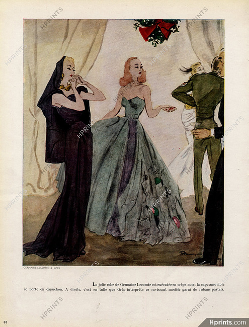 Mourgue 1945 Germaine Lecomte & Grès Evening Gown, Fashion Illustration