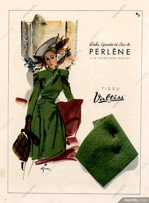 Perlene 1945 René Gruau, Valtiss, Green Dress