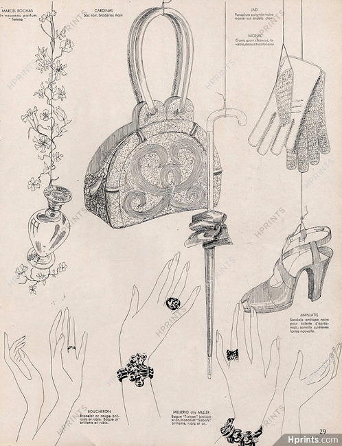 Fashion goods 1945 Cardinal Handbag, Shoes, Gloves, Jewels
