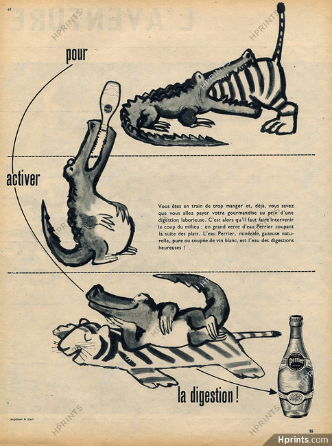 Perrier (Water) 1956 Alligator, Crocodile, Comic Strip André Francois