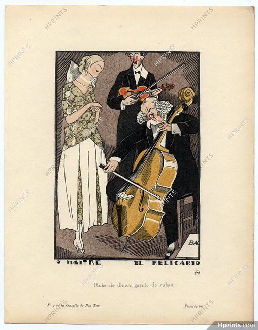 O Maître el Relicario, 1920 - Fernand Simeon, Robe de dîners garnie de ruban, Violoncelle, Violon. La Gazette du Bon Ton, n°9 — Planche 66