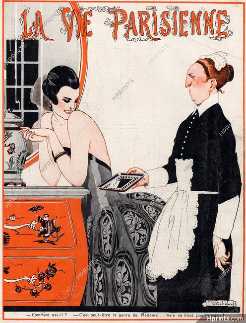 René Vincent 1922 Elegant Parisienne and Maid, Strapless Dress, Furniture