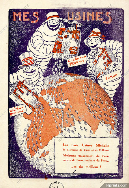 Michelin 1914 - 92ème tableau, Clermont Ferrand, Milltown & Turin, "Mes usines" Factory, Bibendum