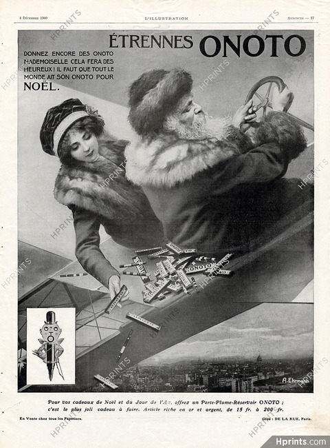 Onoto (Pens) 1909 Ehrmann, Christmas Santa airplane