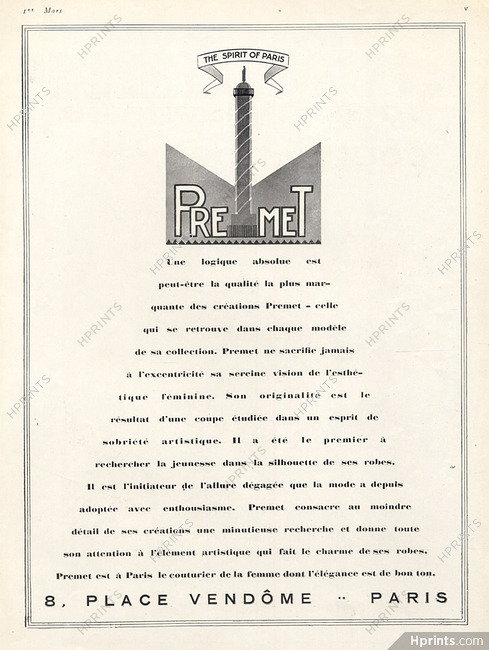 Premet 1926 Address 8 Place Vendôme Paris
