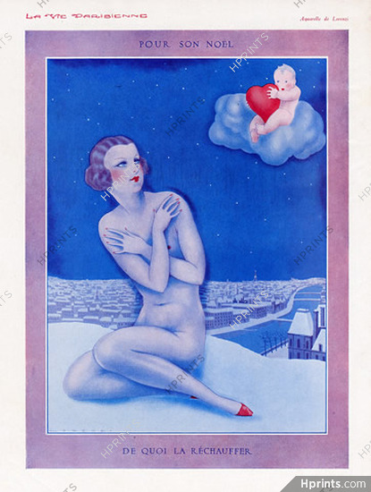 Lorenzi 1929 ''Pour son Noël de quoi la réchauffer'' Nude, Paris, Angel