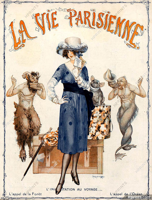 Hérouard 1919 "L"invitation au voyage" Elegant Parisienne, Faun, Triton, Mythology, French Bulldog