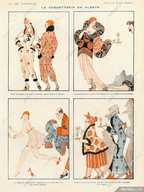 George Barbier 1918 "Coquetterie en Alertes" Pajamas, Fur, Lingerie, Comic Strip