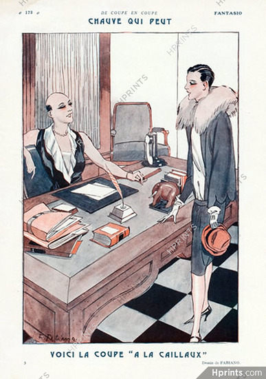 Fabien Fabiano 1926 ''La Coupe à la Caillaux'' "Chauve qui peut" Bald woman, new hairstyle, Transvestite