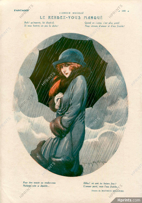 Le Rendez-vous Manqué, 1924 - Maurice Milliere Rain, Umbrella, Elegant Parisienne