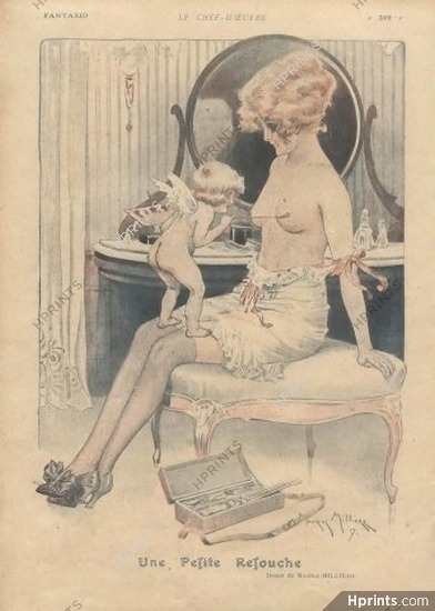 Maurice Millière 1918 Angel Painter, Sexy Looking Girl, Babydoll Nightie,Topless