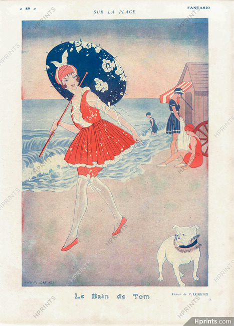 Fabius Lorenzi 1916 Bathing Beauty, English Bulldog, Collar, Beach
