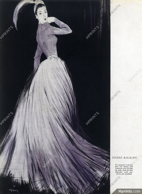 Pierre Balmain 1946 René Gruau Evening Gown Fashion Illustration