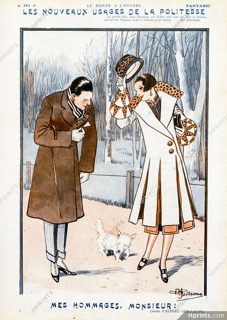 Albert Guillaume 1925 Féminine Politeness, Elegant Parisienne, Dog