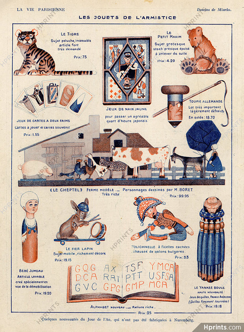 Miarko 1919 "Les Jouets de L'Armistice" The Toys, Bear, Tiger, Pulcinella, Yankee boule, bébé jumeau, le cheptel, toupie, nain jaune