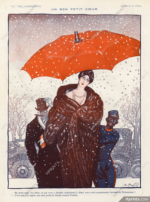 Georges Pavis 1922 Elégante Parisienne, Bellhop, Umbrella, Fur Coat, Pearls