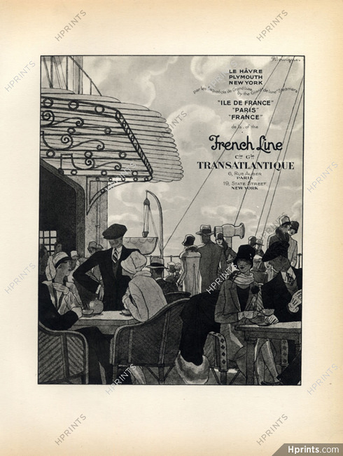 French Line 1928 Transatlantic Liner, the Giant "de Luxe" Steamers, Lithograph PAN Paul Poiret, Pierre Mourgue