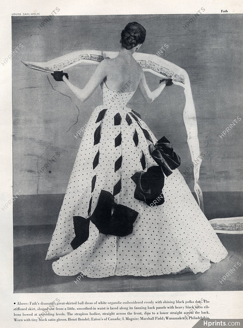 Jacques Fath 1953 backless Ball Dress, White and Black, Photo Louise Dahl-Wolfe