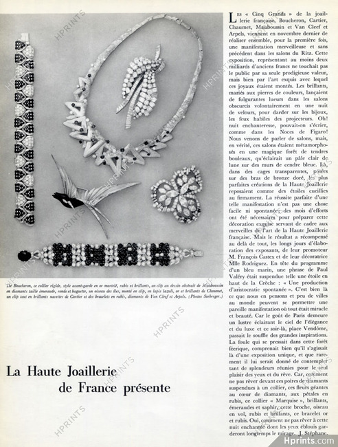 La Haute Joaillerie de France présente, 1963 - Cartier, Boucheron, Chaumet, Mauboussin Necklace, Clip Bird, Bracelets, Brooch, Texte par J. Stéphane, 1 pages