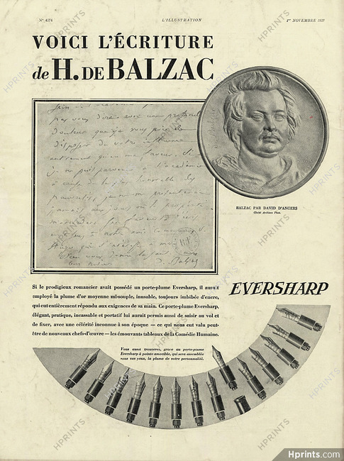 Eversharp 1930 Portrait Honoré de Balzac David d'Angers, Autograph