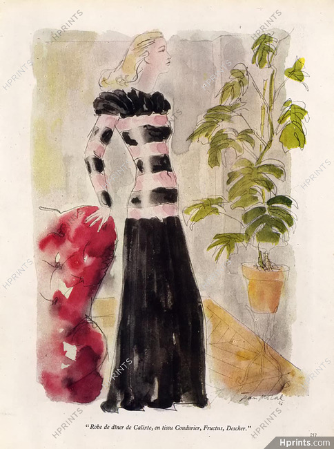 Calixte 1946 Evening Gown, Jean Moral, Fashion Illustration