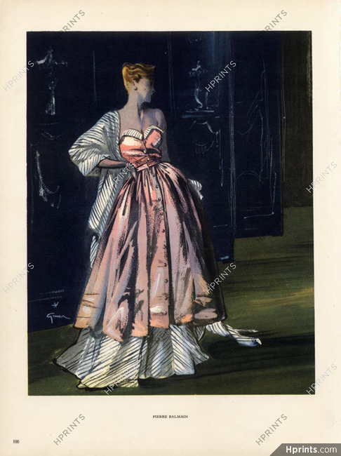 Pierre Balmain 1946 René Gruau Evening Gown, Strapless