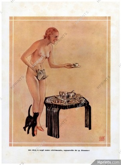 Georges Leonnec 1932 Nude, Black Cat