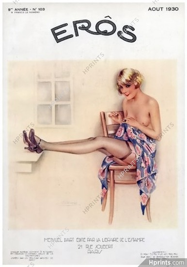 Suzanne Meunier 1930 Août Eros Cover, Topless Stockings Scarf