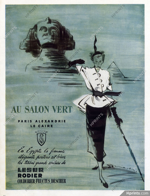 Lesur, Rodier, Coudurier Fructus Descher (Fabric) 1949 "Au Salon Vert" en Egypte, Sphinx, Jacques Demachy
