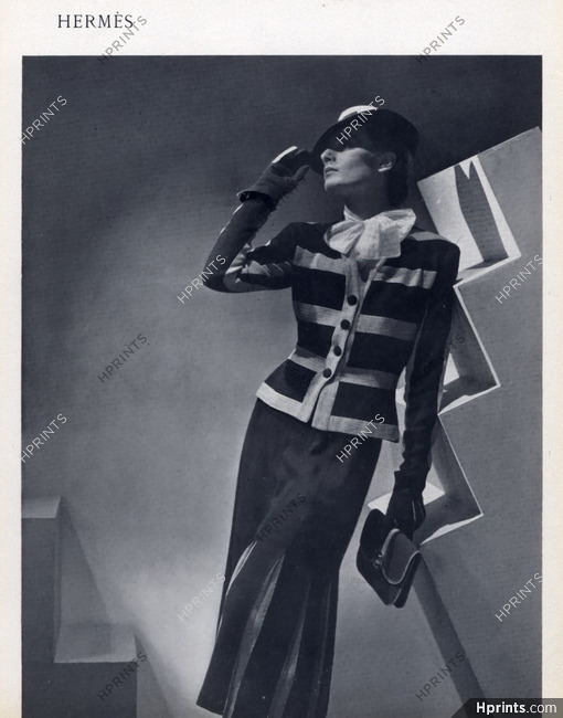 Hermès (Couture) 1937 Tailleur de lainage noir et Blanc, Florence Hat, Rodier