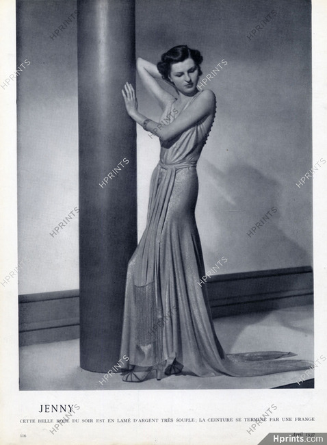 Jenny (Couture) 1937 Lamé argent, La ceinture se termine par une frange