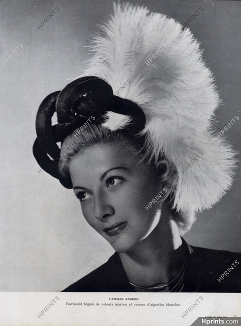Camille Andrée (Millinery) 1946 Béguin de velours, Aigrette Blanche, Feathers Hats