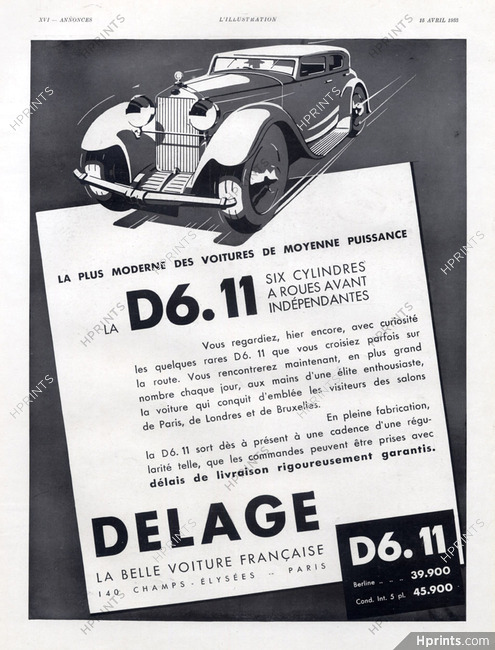 Delage (Cars) 1933 — Automobiles — Advertisement