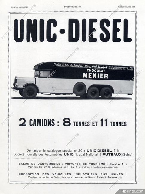 Unic (Cars) 1932 Van Truck Menier Chocolat Publicité