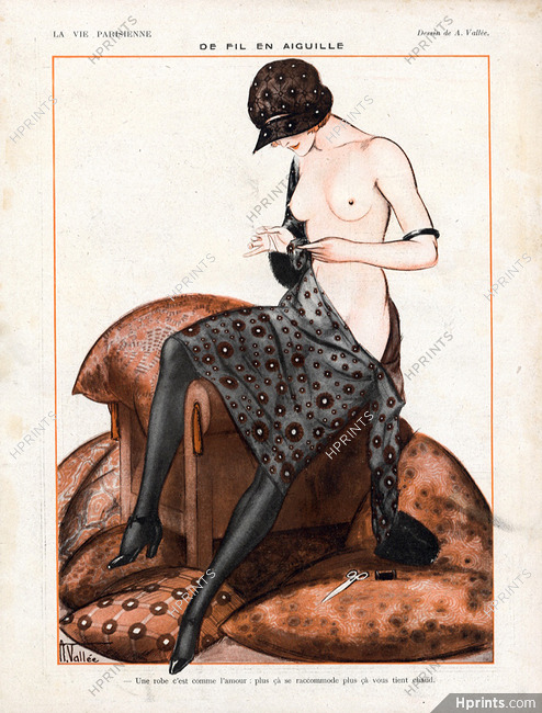 Armand Vallée 1921 "De Fil en Aiguille" Nude woman mending her dress
