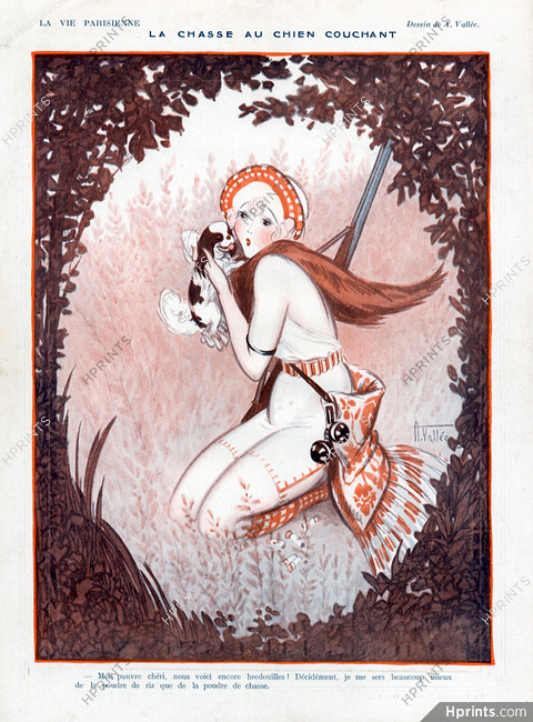 Armand Vallée 1921 La Chasse au Chien Couchant, huntress, Japanese Chin