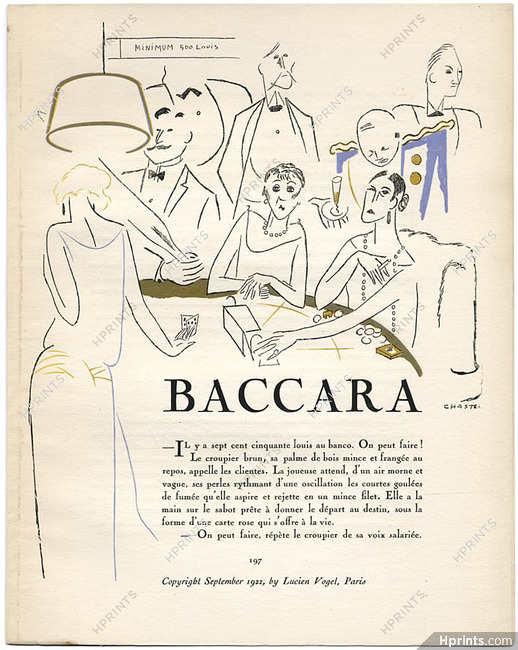 Baccara, 1922 - Roger Chastel Gambling, Casino, La Gazette du Bon Ton, Text by Gérard Bauër, 4 pages