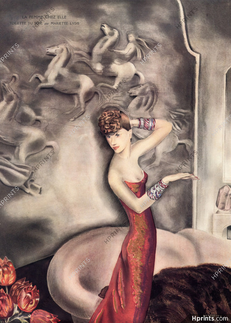 La Femme Chez Elle, 1934 - Mariette Lydis Evening Gown, Jewels Bracelets, Interior Decoration