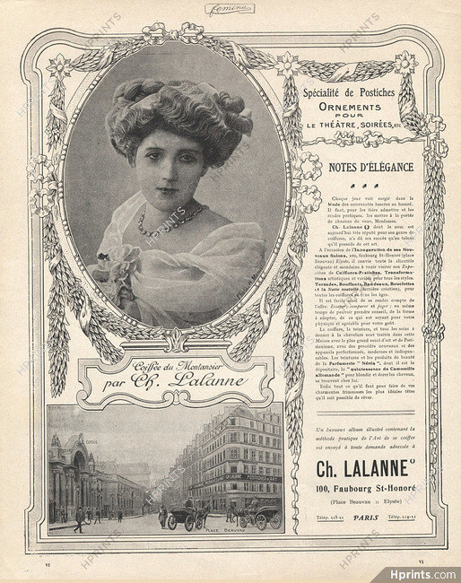 Lalanne (Hairstyle) 1907 Shop, Store, Address 100 Faubourg Saint Honoré, Place Beauvau, Paris
