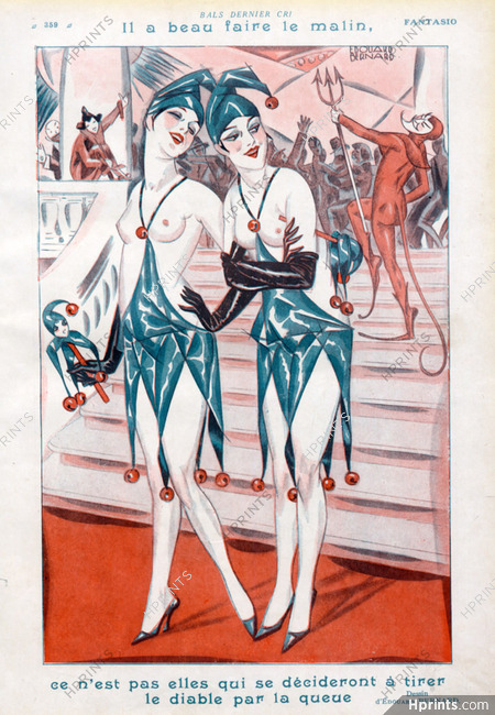 Edouard Bernard 1927 Pulcinella Girls Topless Carnival Devil