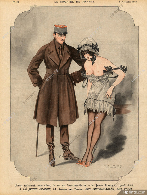 Maurice Pepin 1917 "La Jeune France" Rain Coat, Sexy Girl Topless, Military