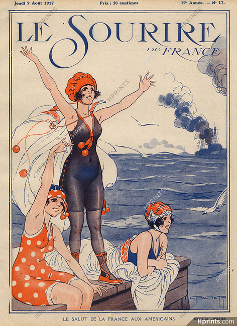 Peltier 1917 "Le Salut de la France aux Americains" Bathing Beauty, "Statue Of Liberty"