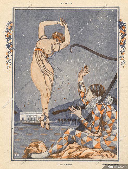 Henri Montassier 1917 "Les Nuits" Harlequin Harpist, Dancer Nude, Erotic Dance