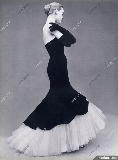 Balenciaga 1951 'Flamencos" Evening Gown, velvet Black and Tulle White, Anfrie, Dognin, Strapless Dress