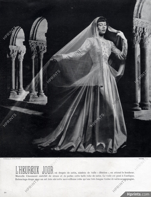 Marcelle Chaumont 1948 Robe de Mariée, Strass et Perles, Voile posé à l'antique, Wedding Dress