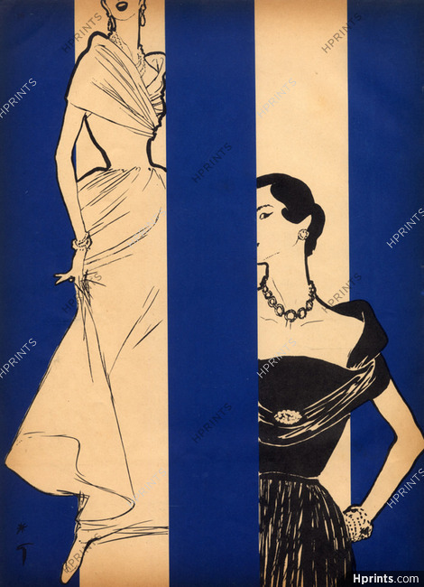 Nettie Rosenstein 1951 Draped Dress, Evening Gown, René Gruau